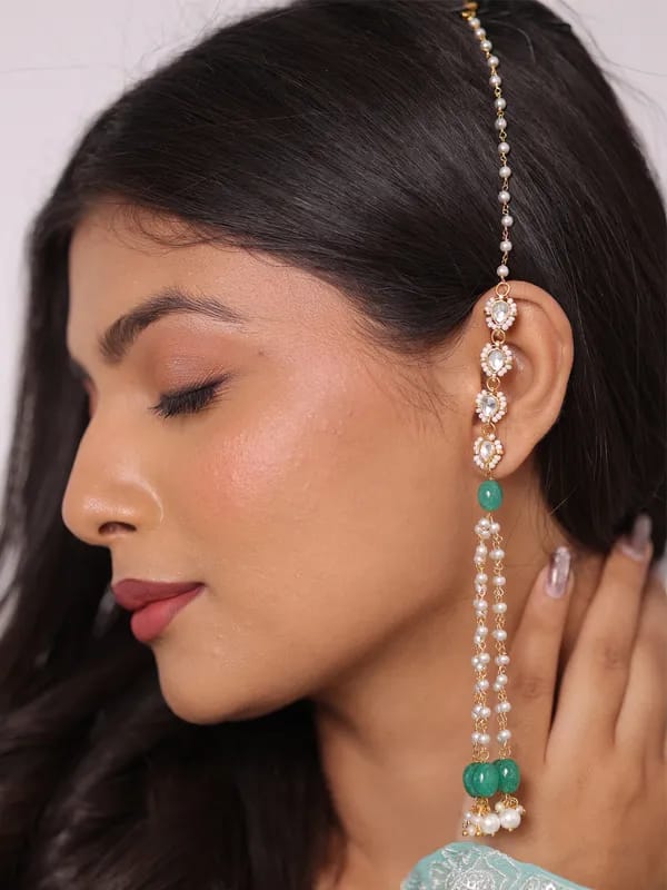 Kundan Studded & Pearls Beaded Spherical Drop Earrings With Ear Chains