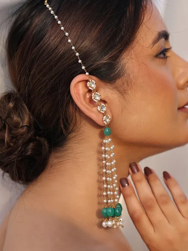 Kundan Studded & Pearls Beaded Spherical Drop Earrings With Ear Chains - Image 2