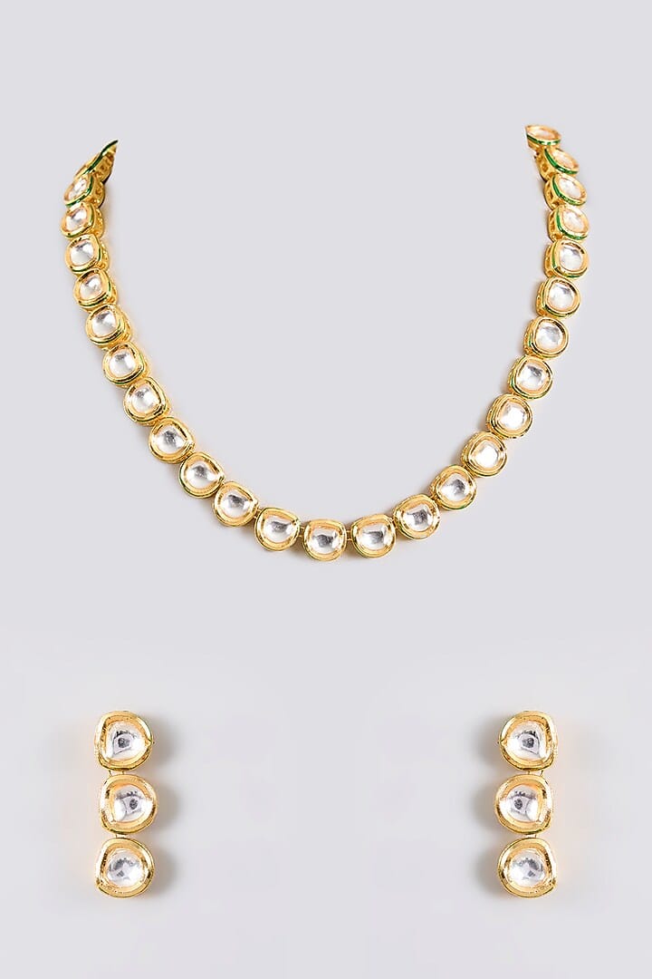 Gold Finish Kundan Polki Handcrafted Necklace Set
