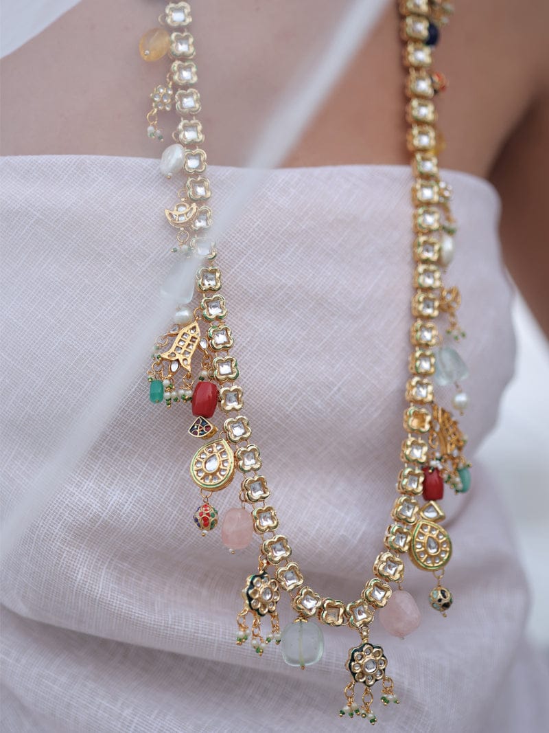Gold Finish Multi Kundan Polki Handcrafted Necklace Set - Image 2