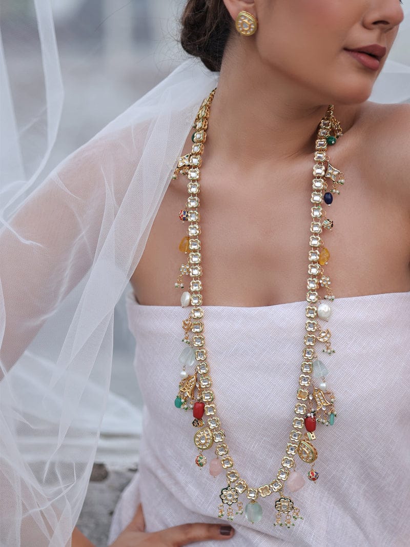 Gold Finish Multi Kundan Polki Handcrafted Necklace Set