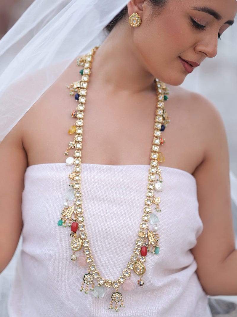 Gold Finish Multi Kundan Polki Handcrafted Necklace Set - Image 3