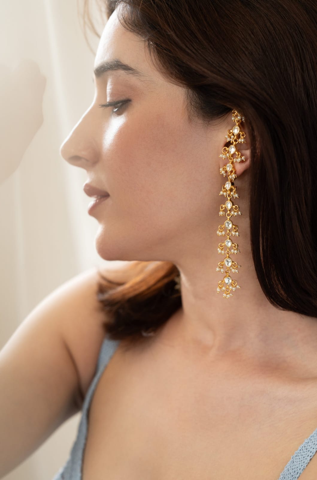 Gold Plated Kundan Stones Studded Teardrop Shaped Earchain Jhumka Jhumki Pearl Earrings - Image 3