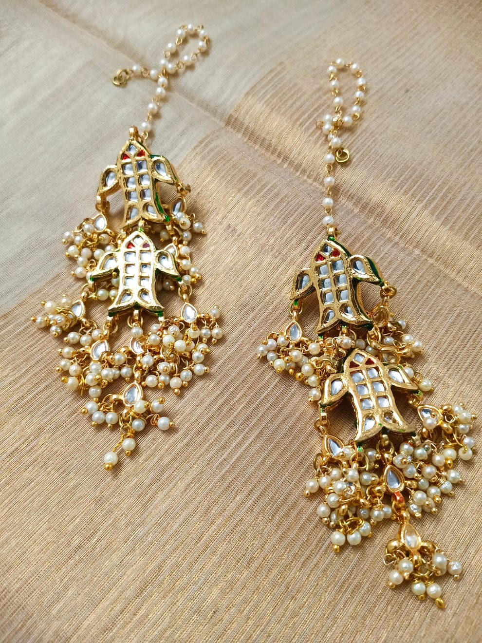Gold Plated Fabric Flowers, Pearls Kundan Tiered Chandeliers