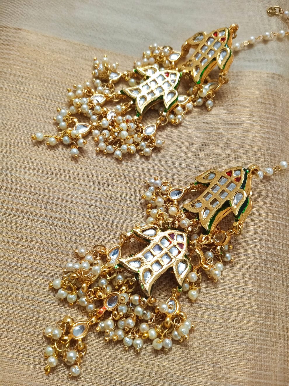 Gold Plated Fabric Flowers, Pearls Kundan Tiered Chandeliers - Image 2