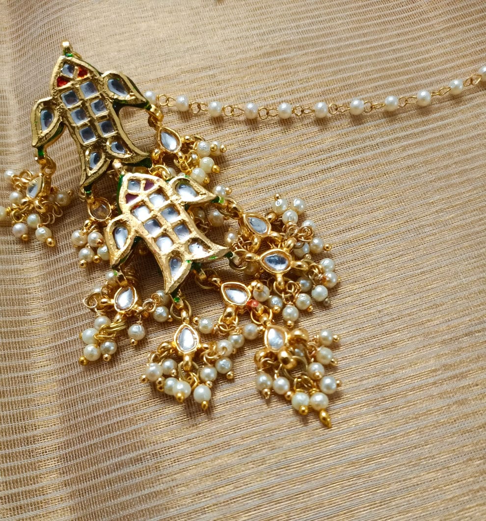 Gold Plated Fabric Flowers, Pearls Kundan Tiered Chandeliers - Image 3