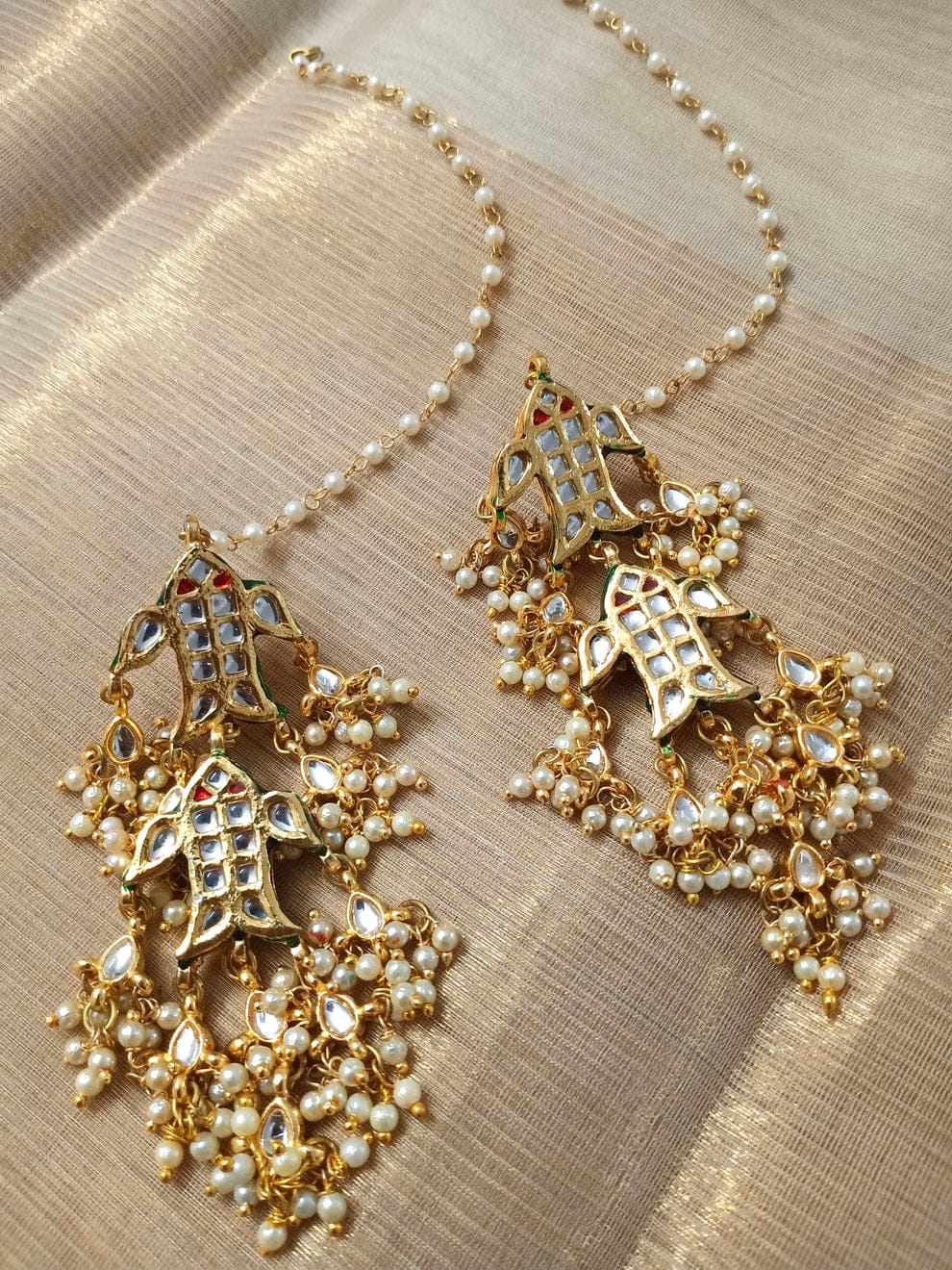 Gold Plated Fabric Flowers, Pearls Kundan Tiered Chandeliers - Image 4