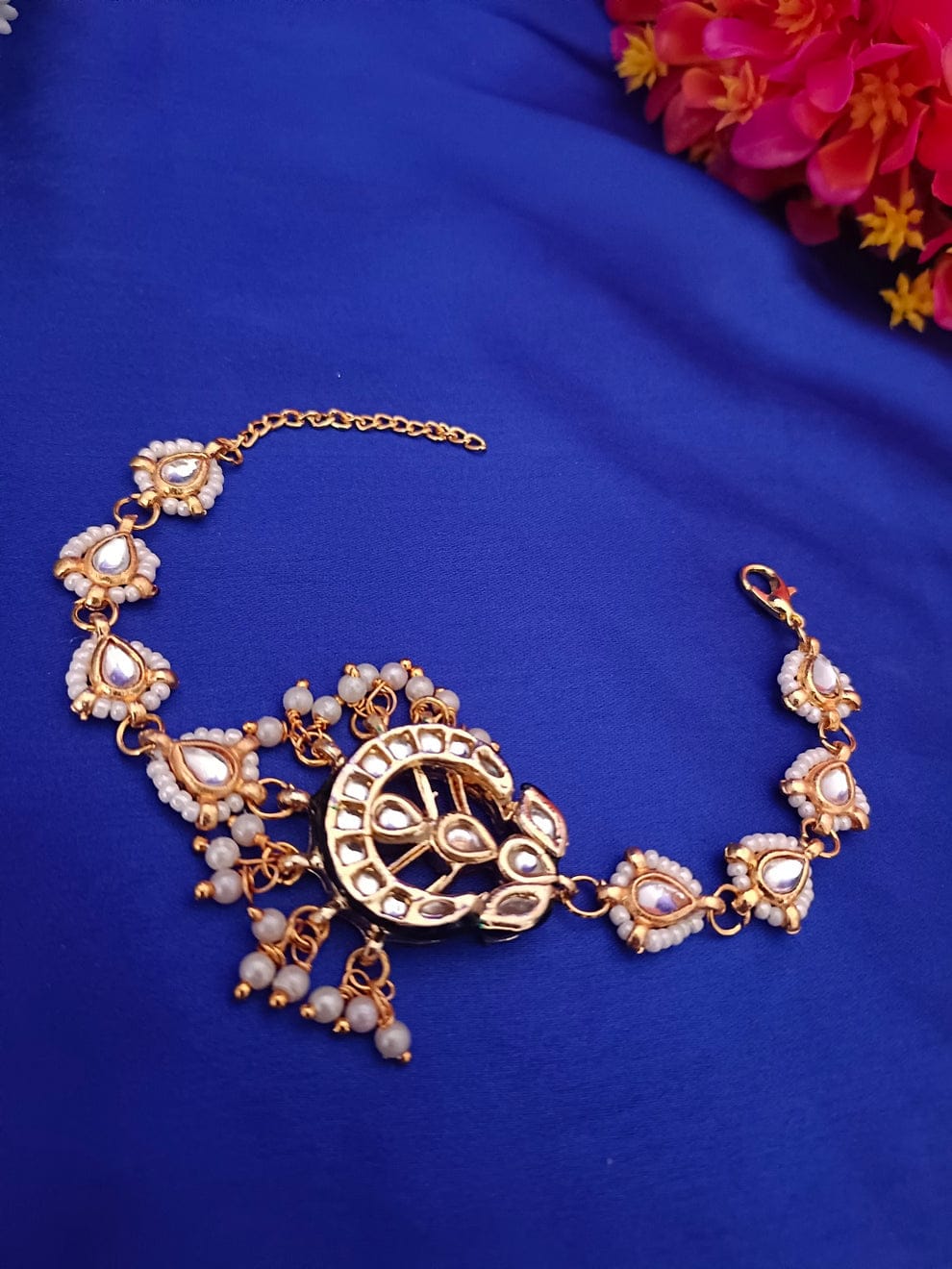 Gold-Plated Kundan and Pearl Bracelet for Women - Image 3