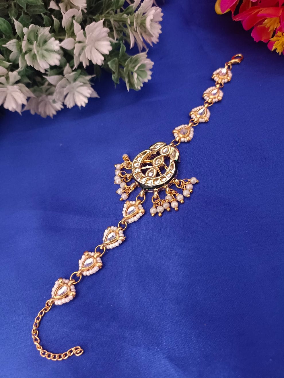 Gold-Plated Kundan and Pearl Bracelet for Women - Image 2