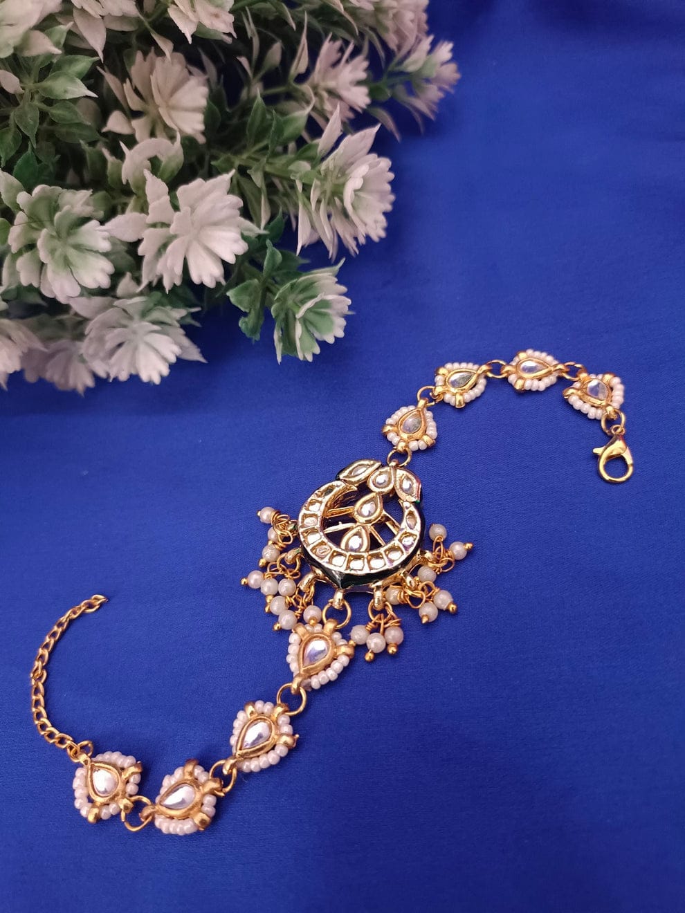 Gold-Plated Kundan and Pearl Bracelet for Women