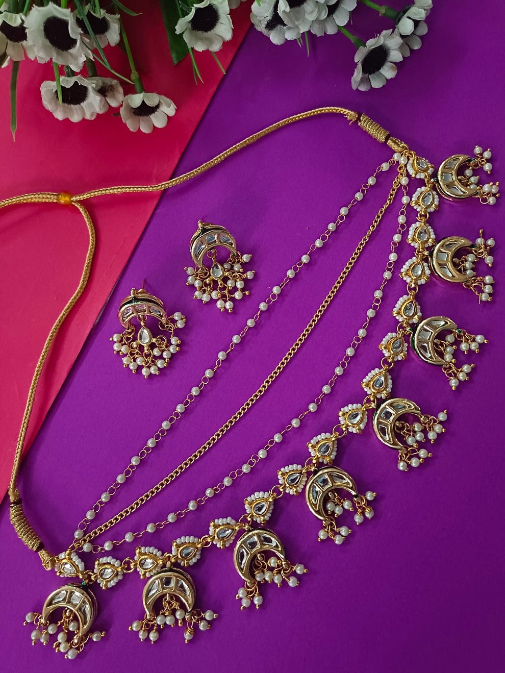 Gold Plated Multi-Layer Kundan Choker Necklace Set - Image 7