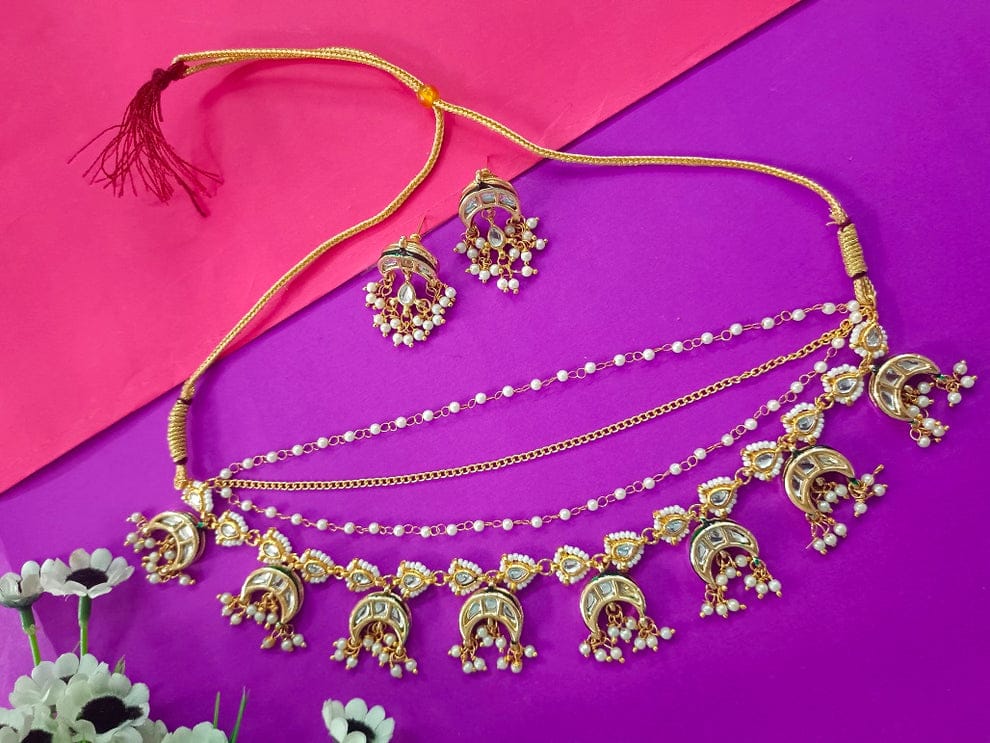Gold Plated Multi-Layer Kundan Choker Necklace Set - Image 6