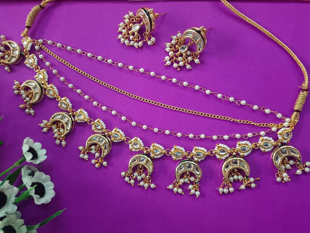 Gold Plated Multi-Layer Kundan Choker Necklace Set - Image 5