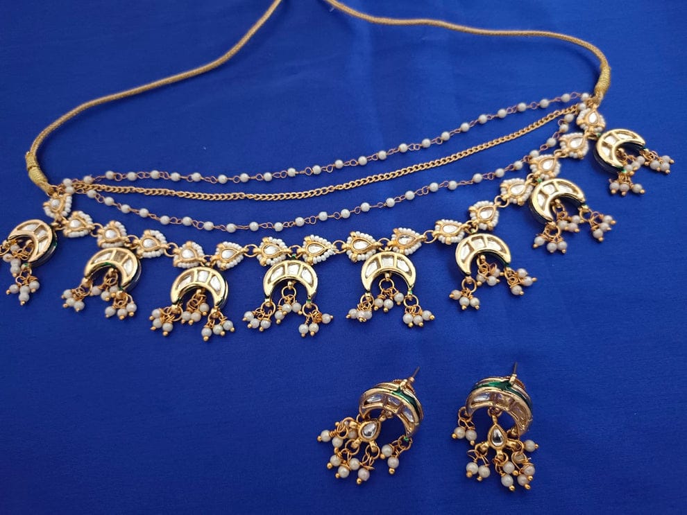 Gold Plated Multi-Layer Kundan Choker Necklace Set - Image 4