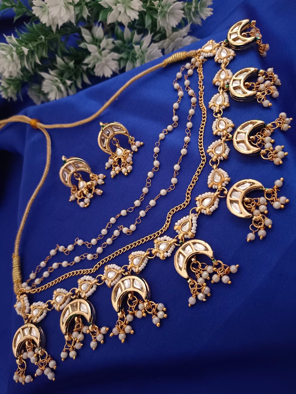 Gold Plated Multi-Layer Kundan Choker Necklace Set - Image 3