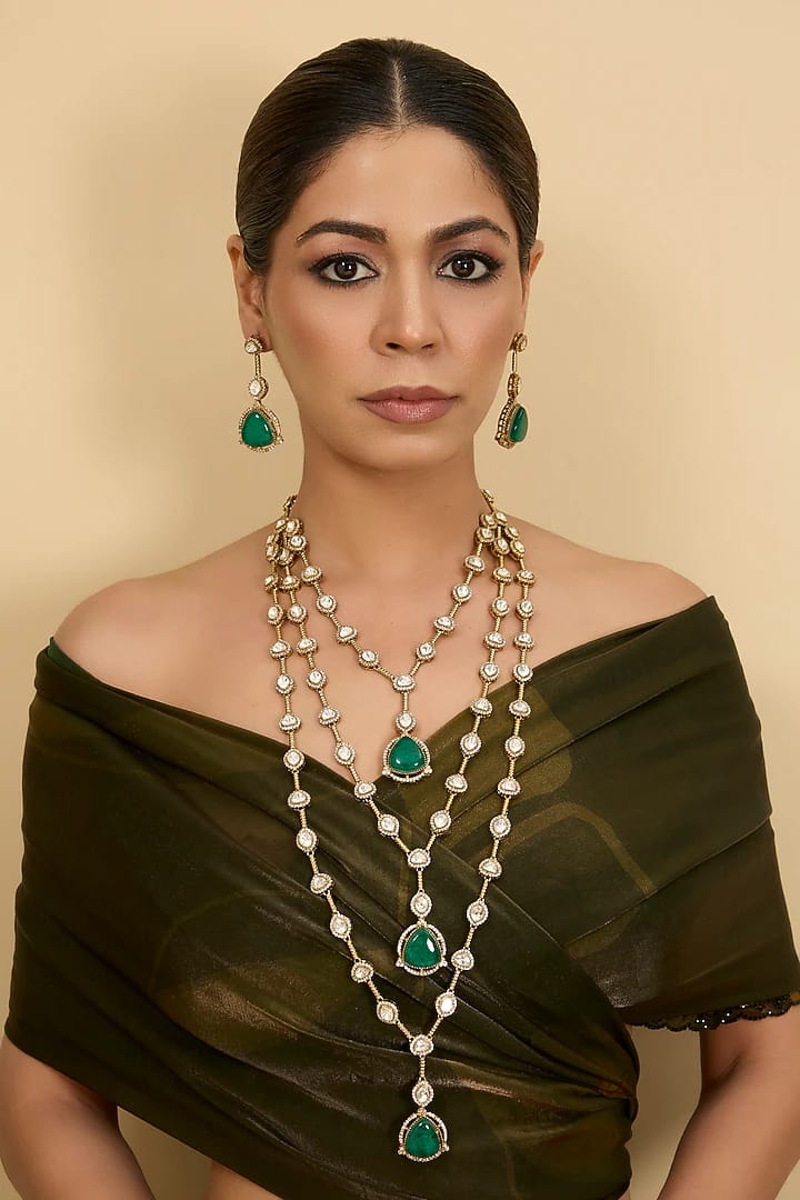 Two-Tone Finish Kundan Polki & Green Stone Layered Necklace Set - Image 2