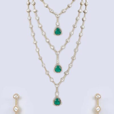 Two-Tone Finish Kundan Polki & Green Stone Layered Necklace Set