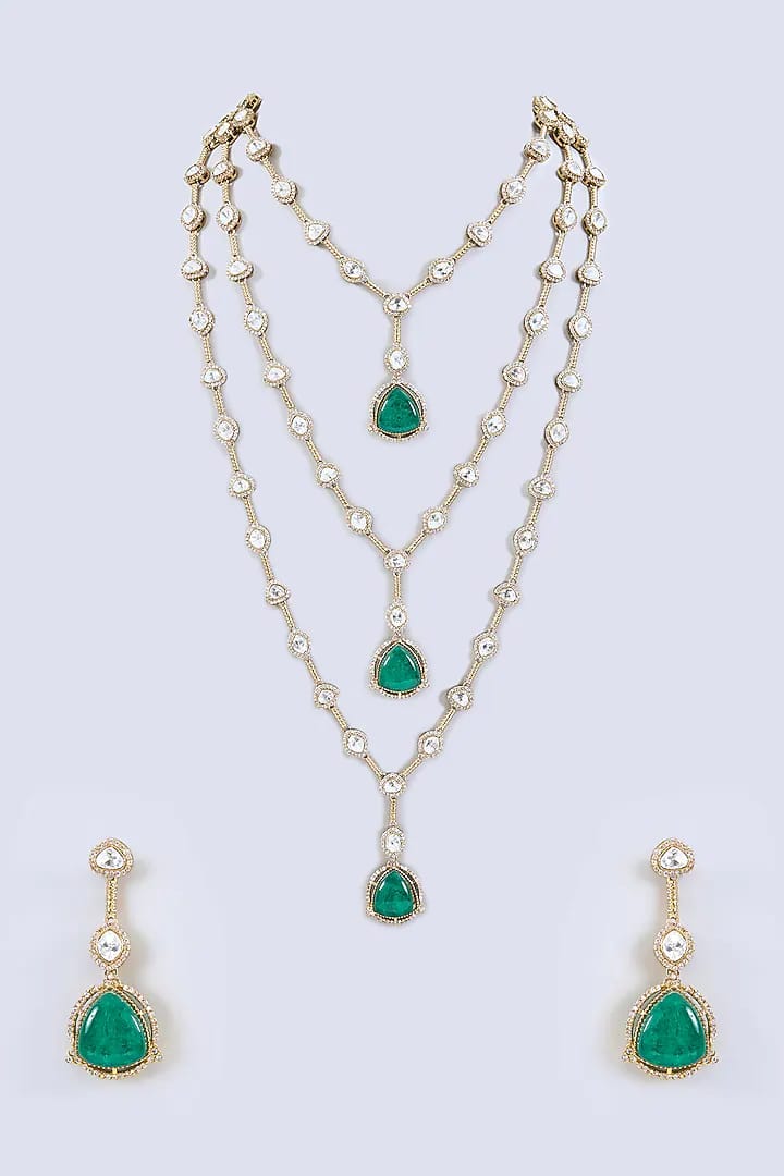 Two-Tone Finish Kundan Polki & Green Stone Layered Necklace Set