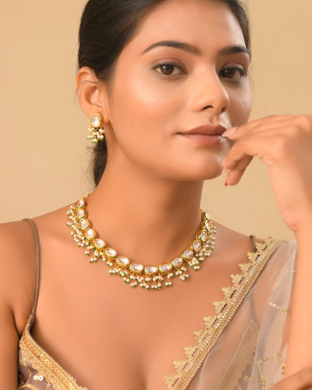 Gold-Plated Kundan-Studded & Beaded Jewellery Set - Image 2