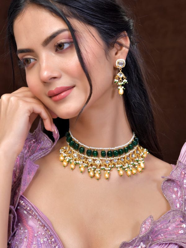 Green Gold Plated Designer Necklace and Earrings - Image 2