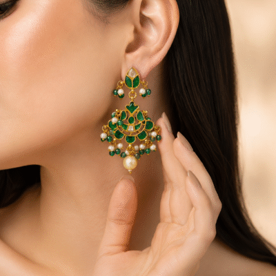 Green-Toned Kundan and Pearl Drop Earrings