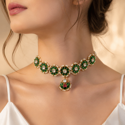 Floral Kundan & Green Enamel Necklace Set
