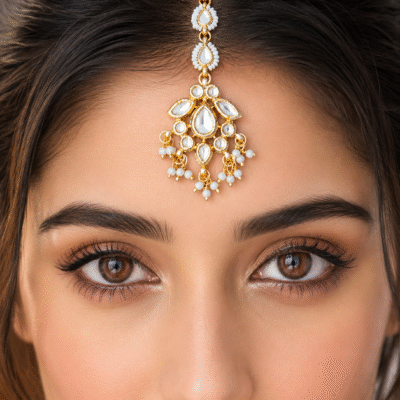 Gold Plated Kundan With White Pearl Maangtika