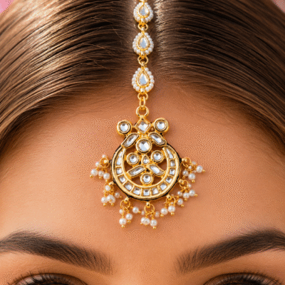 Gold Plated Kundan With White Pearl Maangtika