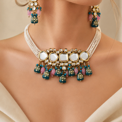 Designer Kundan Choker with Pink and Teal Tassel Details