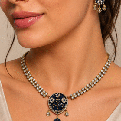 Kundan Blue Floral Pendant Necklace Set