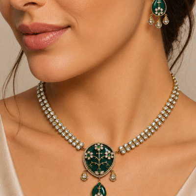 Kundan Green Floral Pendant Necklace Set
