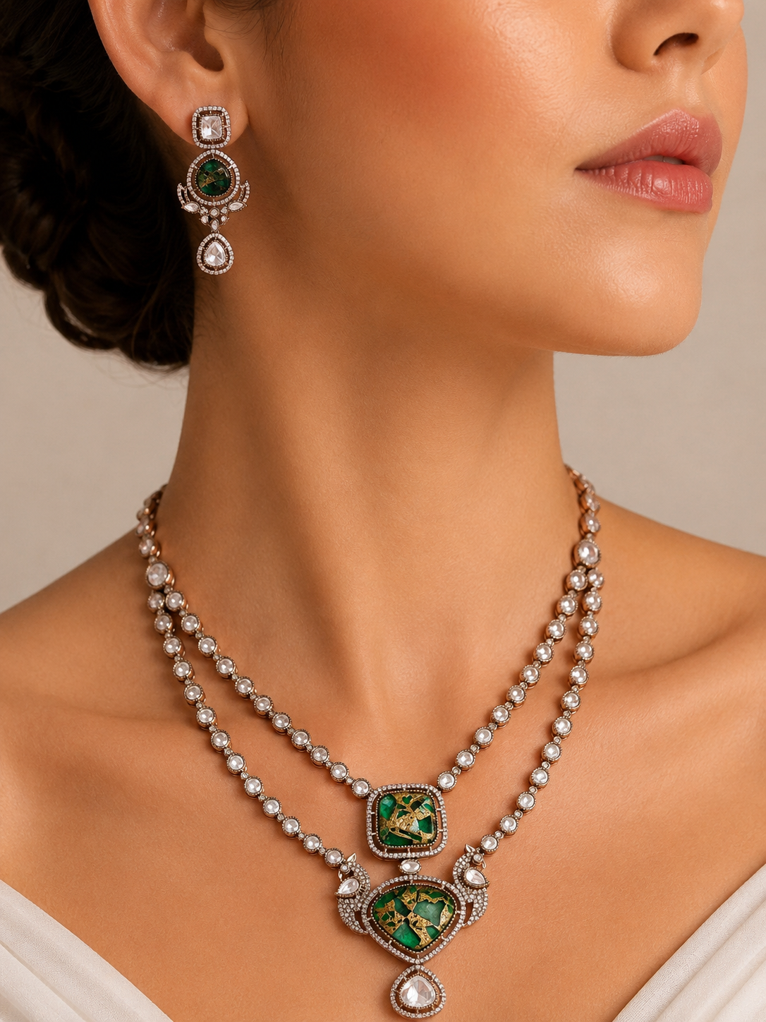 Peacock Kundan Emerald Layered Necklace Set