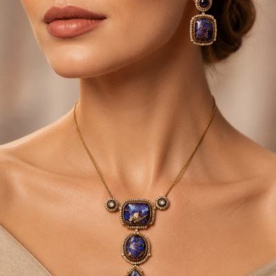 Gold Finish Blue Kundan Polki Chain Pendant Necklace Set