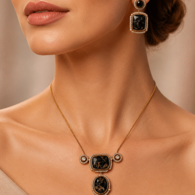 Gold Finish Black Kundan Polki Chain Pendant Necklace Set