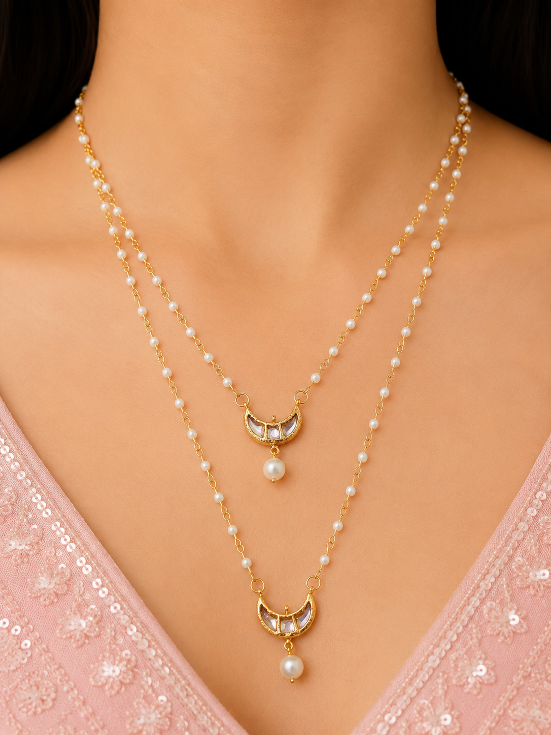 Double Layer Kundan Moon Pendant Necklace