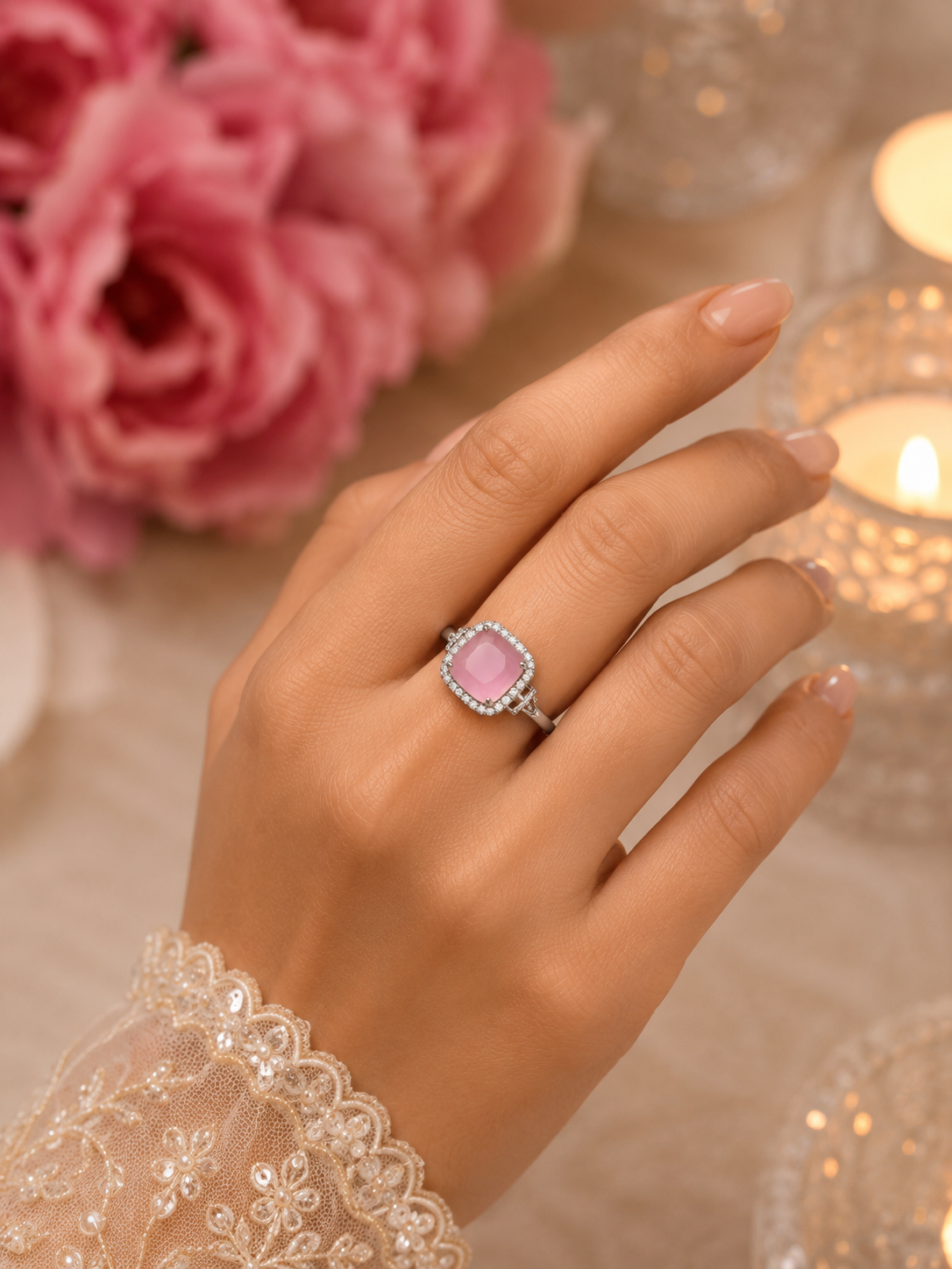 Exquisite Pink Gemstone Halo Cocktail Ring