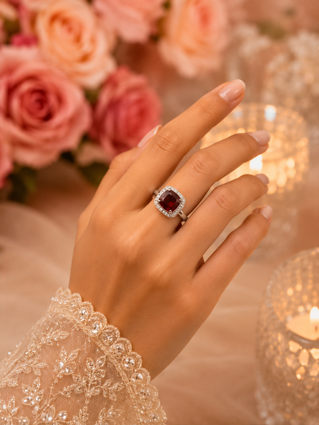 Exquisite Red Gemstone Halo Cocktail Ring