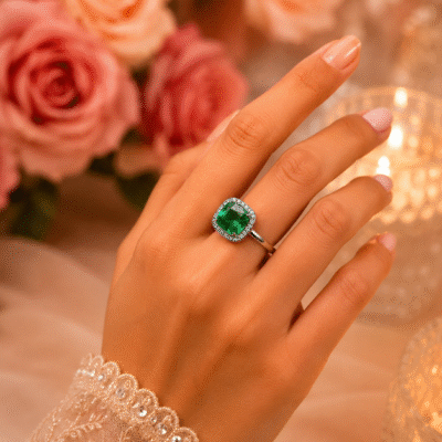 Exquisite Green Gemstone Halo Cocktail Ring