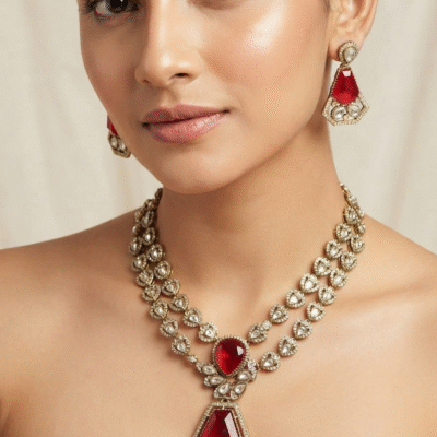 Polki Diamond Ruby Red Pendant Necklace Set