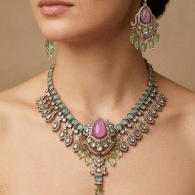 Victorian Necklace Set Antique Silver Pink Stone Bridal Jewelry with Earrings