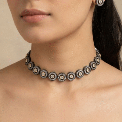 Victorian Polki Circle Necklace Set Antique Silver Everyday Jewelry with Earrings