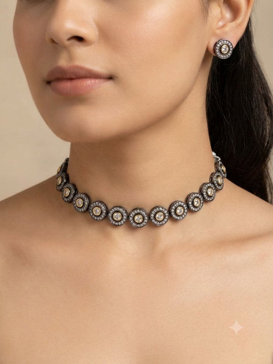 Victorian Polki Circle Necklace Set Antique Silver Everyday Jewelry with Earrings
