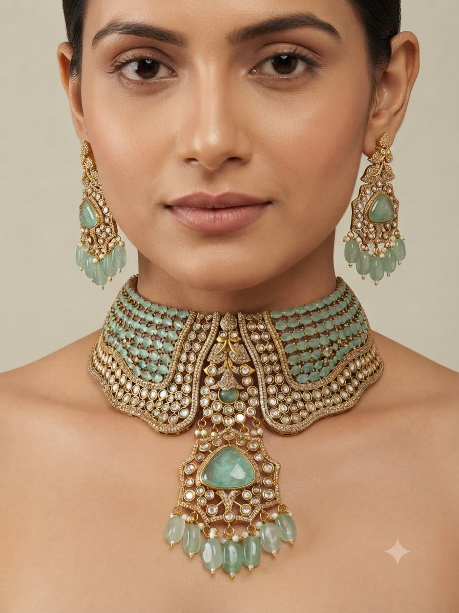 Polki Aquamarine Bridal Choker Set