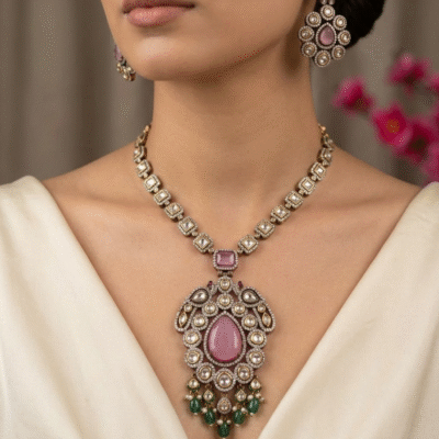 Victorian Pink Pendant Necklace Set Antique Gold Long Haar with Earrings