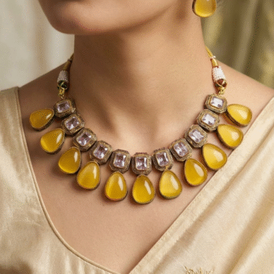 Kundan Yellow Stone Necklace Set