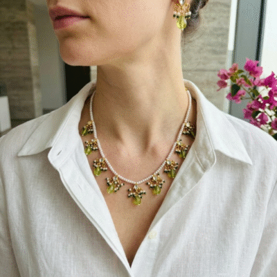 Long Pearl Mala with Kundan and Green Bead Accents