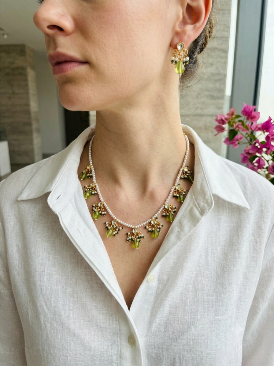 Long Pearl Mala with Kundan and Green Bead Accents