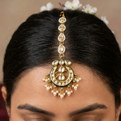 Gold Plated Kundan With White Pearl Maangtika
