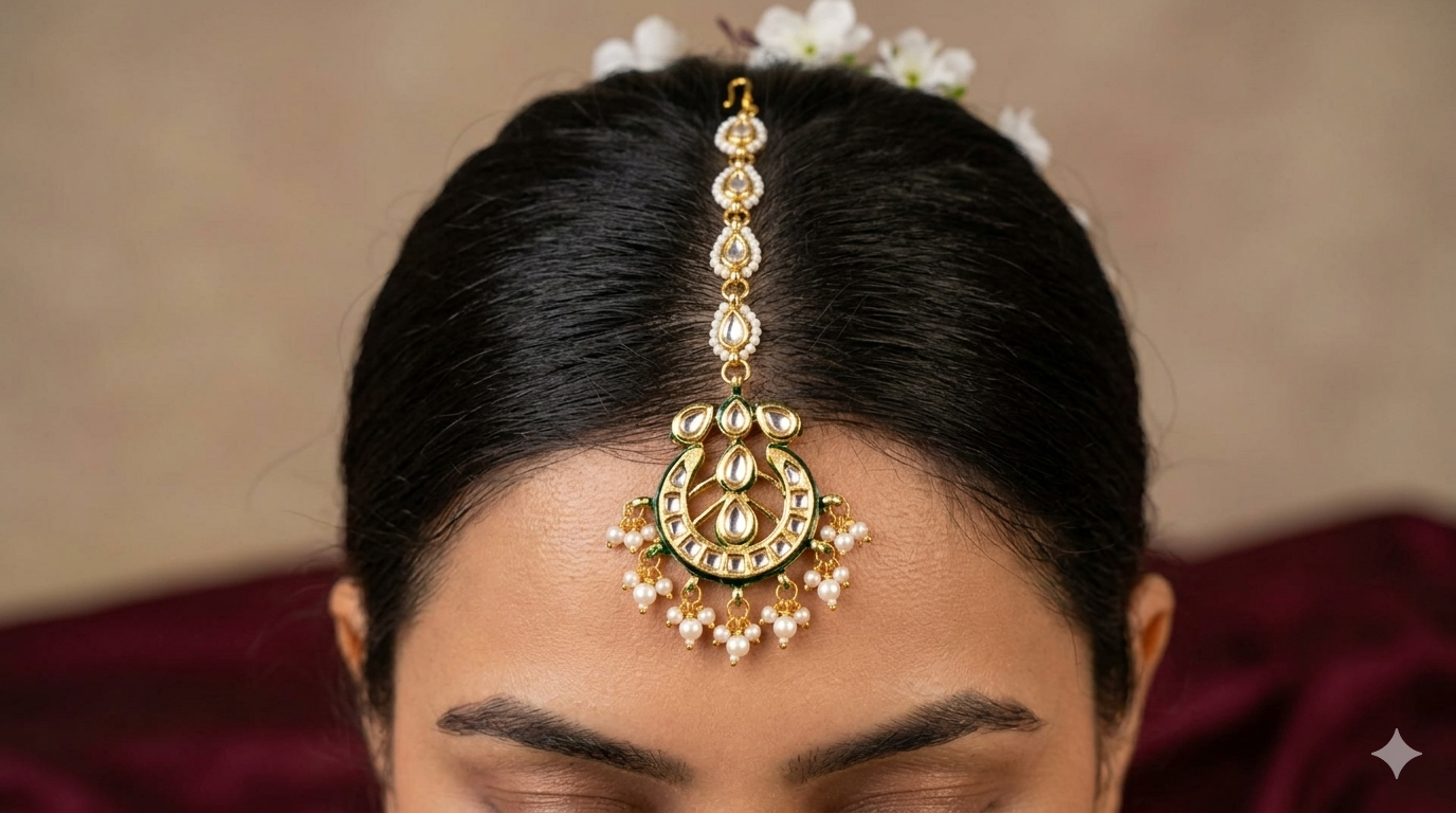 Gold Plated Kundan With White Pearl Maangtika