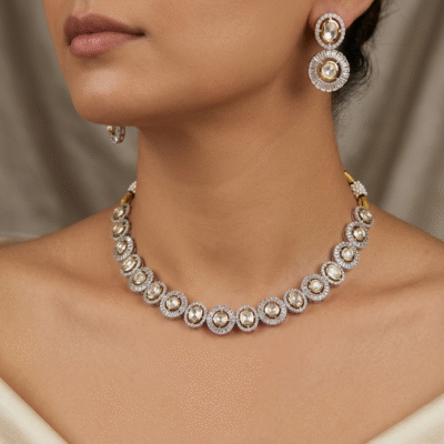 Victorian Baguette Polki Necklace Set Antique Silver Statement Jewelry with Earrings